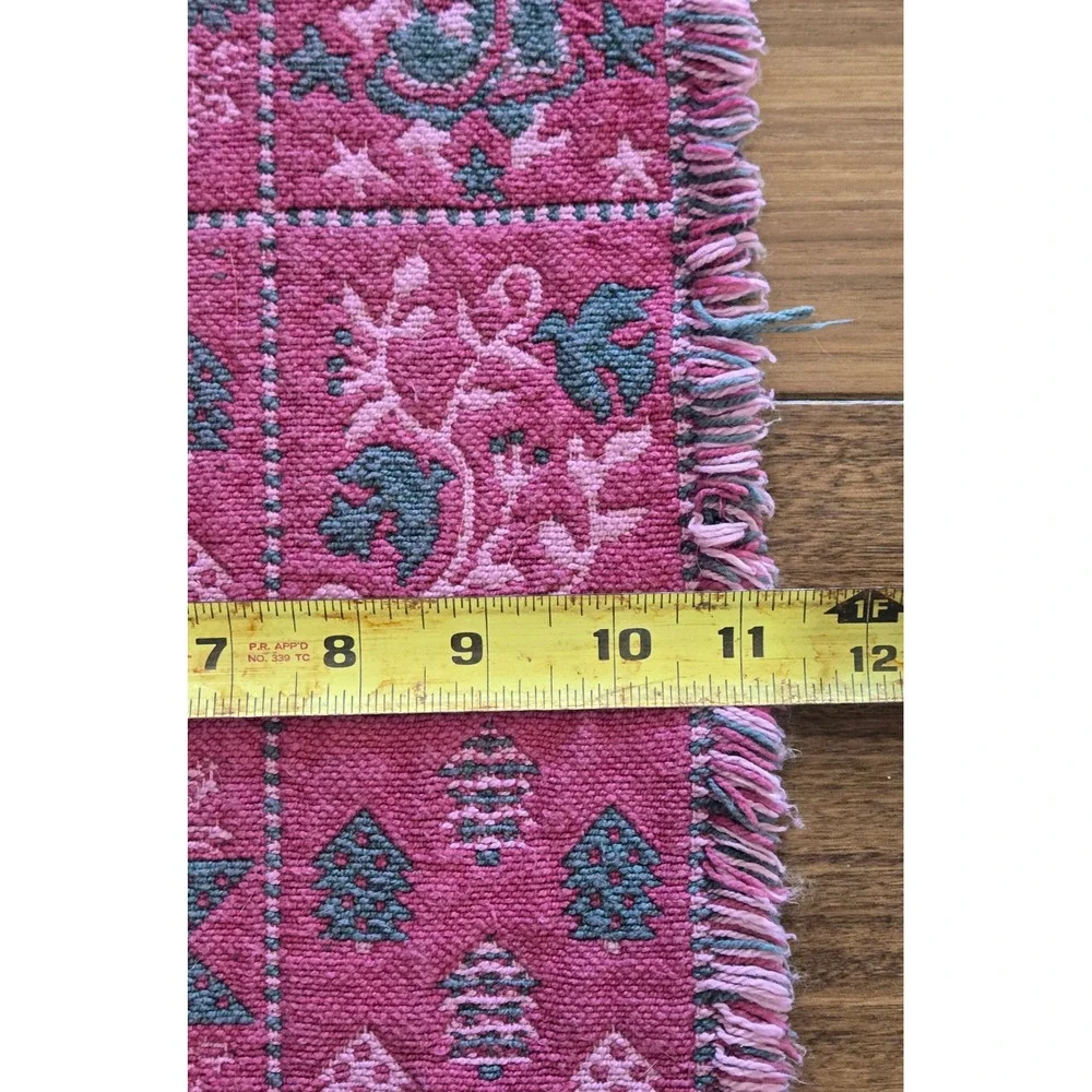 Vintage Woven Christmas Table Runner Reversible Pink Green Santa Fringe 70in